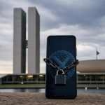Fachada do Congresso Nacional em Brasília com referência visual abstrata ao bloqueio de plataformas de apostas