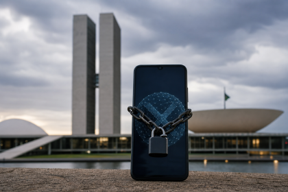 Fachada do Congresso Nacional em Brasília com referência visual abstrata ao bloqueio de plataformas de apostas