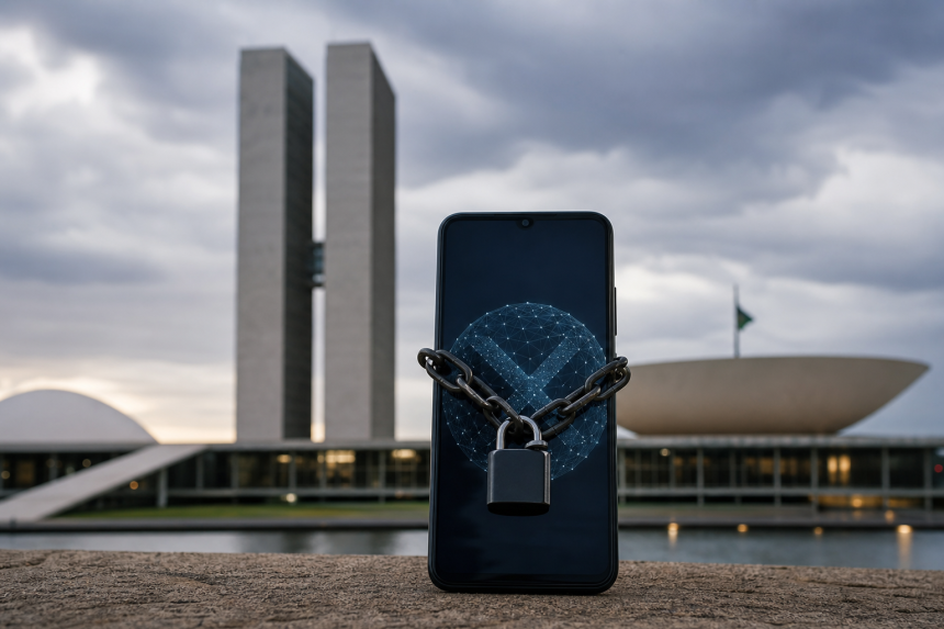 Fachada do Congresso Nacional em Brasília com referência visual abstrata ao bloqueio de plataformas de apostas