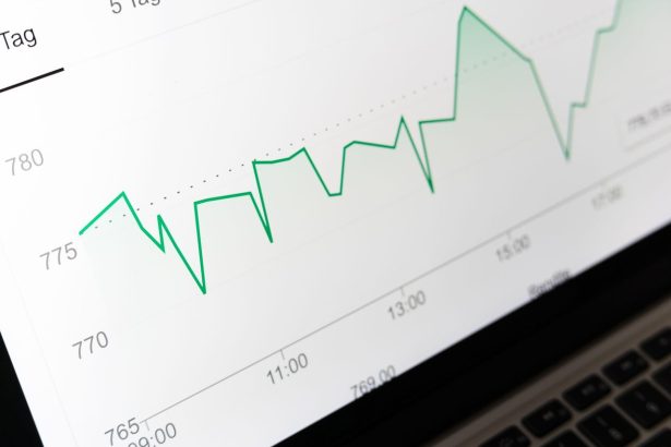 Gráfico financeiro com linhas de tendência exibido na tela de um computador
